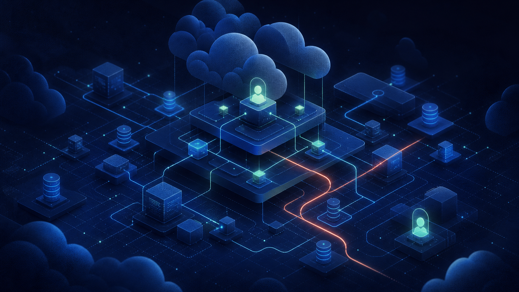 Editorial illustration of an AI agent infrastructure topology with luminous blue and seafoam nodes