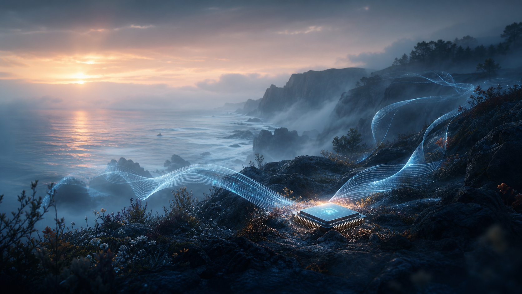 Editorial illustration of an illuminated edge AI chip in a misty landscape