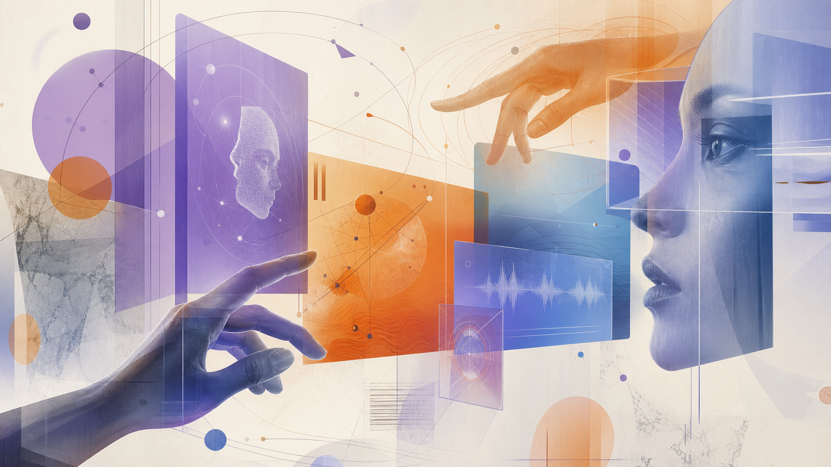 Editorial collage of translucent multimodal interface panels and an orbital diagram